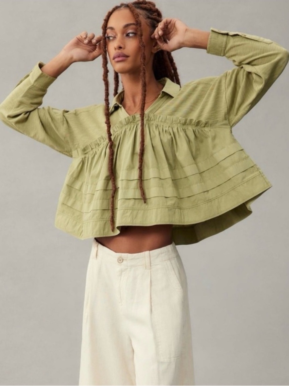 Anthropologie Pilcro Long Sleeve V-Neck Tiered Ruffle Blouse Moss Green